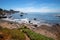 Driftwood log on Rugged and rocky Central California coastline at Cambria California USA