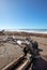 Driftwood on Moonstone Beach after storm in Cambria on the Central Coast of California USA