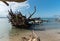 Driftwood in the ocean. Beach in the foreground. Blue ocean in C