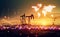 Drilling derricks silhouette from oil field at sunset with neon price charts and stock market information. Energy supply crisis