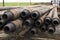 Drilling pipe. Rusty drill pipes were drilled in the well section. Downhole drilling rig. View of the shell of drill pipes and