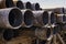Drilling pipe. Rusty drill pipes were drilled in the well section. Downhole drilling rig. View of the shell of drill pipes and