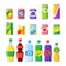 Drink beverages. Cold energy or fizzy soda beverage, sparkling water and fruit juice in glass bottles. Drinks vector