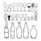 Drink bottles and glasses line drawing isolated on white background