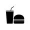 Drink Burger Black Silhouette Icon. Fast Junk Food Hamburger Cola Glyph Pictogram. Takeaway Lunch Cold Soda Beverage