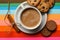 Drink with caffeine or cocoa with milk. Coffee on colorful positive background, top view. Coffee break concept. Cup of