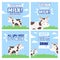 Drink cow milk. Posters with rural landscape, field, cows, splashes and drinking milk quotes. Farm animal and dairy