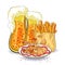 Drink with foam and bubbles in a glass of beer french fries. vector illustration
