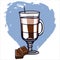 Drink hot chocolate in a glass glass on a leg, cocoa, a slice of chocolate bar. cartoon illustration mulled wine vector