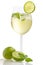 A drink with lime and mint in a wine glass