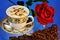 Drink from natural roasted and ground coffee beans invigorates well, red rose Flower-the Queen of flowers for a festive joyful