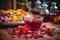 A drink rich in vitamin C, red hibiscus tea in a transparent glass stands on a wooden table among dry rose petals