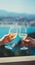 Drink two glasses white wine in friends hands outdoor sea nature holidays, romantic couple toast with alcohol, people cheering