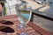 Drinking of white wine at farm cafe in oyster-farming village, with view on boats and water of Arcachon bay, Cap Ferret peninsula