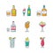 Drinks color icons set. Rum, absinthe, whiskey, sambuca, sangria, flaming cocktail and shot, hurricane glass, highball