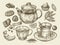 Drinks and food. Hand drawn tea, coffee, teapot, cup, chocolate, candy, croissant, dessert. Sketch vector illustration