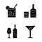 Drinks glyph icons set. Cocktail in lowball glass, whiskey, wine, martini. Alcoholic beverages for party. Refreshment