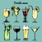 Drinks menu. Hand sketched cocktails glasses. Vector set of alcoholic beverages illustrations, beer, pina colada etc.
