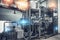 Drinks production plant or factory equipment, steel tanks or reservoirs and pipes with system of automated control with