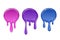 Drip paint spot 3D set isolated white background. Pink, blue ink splash. Splatter stain texture. Dribble down design