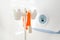 Drip stand and orange blood tourniquet. UV lamp wichit on the wall. Medical office