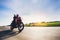 Drive a motorbike. Fast motorcycle in motion on asphalt road