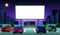 Drive movie. Car cinema theater. Screen in auto theatre. Outdoor retro film festival on night parking. Show scene