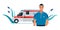 Driver in Blue Clothes Standing near Ambulance Transport. Emergency Evacuation. Modern Flat Vector Concept Illustration.