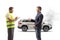 Driver explaining a car problem an a road help agent writing down a document