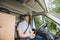 Driver man driving delivery truck car vehicle