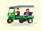 Driver and passenger three-wheeled tuk-tuk taxi. Vector illustration