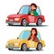 Driver People Vector. Man, Woman Sitting In Modern Automobile. Buy A New Car. Driving School Concept. Happy Female, Male