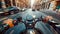 Driver\\\'s point of view on a powerful motorcycle, hands gripping handlebars, speeding through bustling city streets