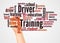 Driver Training word cloud and hand with marker concept