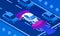 Driverless car on road banner, isometric style