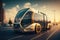 driverless public transit vehicle on futuristic city street