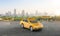 Driverless taxi or autonomous taxi with electric flying yellow car