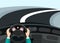 Driving car concept - hands on steering wheel with curved asphalt road