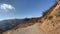 Driving a car on a narrow road in the canyon Malibu. Visible burned bushes and trees after the fire. Warm sunny day in