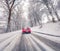 Driving a car on the road in winter forest with snow covered trees. Snowy outdoor scene. Traveling concept background
