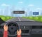 Driving car safety concept vector illustration. Cartoon flat human driver hands drive automobile on asphalt road with