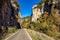 Driving through Foz de Arbayun canyon of Salazar River in the Pyrenees in Spain