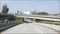 Driving on intercity freeway in Los Angeles, California USA. Defocused view from car thru glass windshield on busy