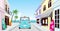 Driving Light blue car in the Seaside town - EPS10