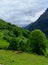 Driving narrow mountain road from Los Arenas to remote mountain village Sotres, Picos de Europa mountains, Asturias, North of