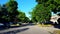 Driving Residential City Road With Lush Trees During Summer Day.  Driver Point of View POV Along Beautiful Sunny Street