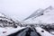 Driving on the road in Tibet, with snow mountain surrounding, no people and wild