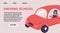 Driving school banner concept. Young happy woman in little red car get a driving license and showing that. Flat vector