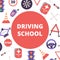 Driving school banner or poster with diiferent elements. Traffic signs, light, steering and car wheel, first aid kit, warning