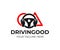 Driving school, hands on the wheel with road signs, logo design. Training, vehicle, transport and transportation, vector design